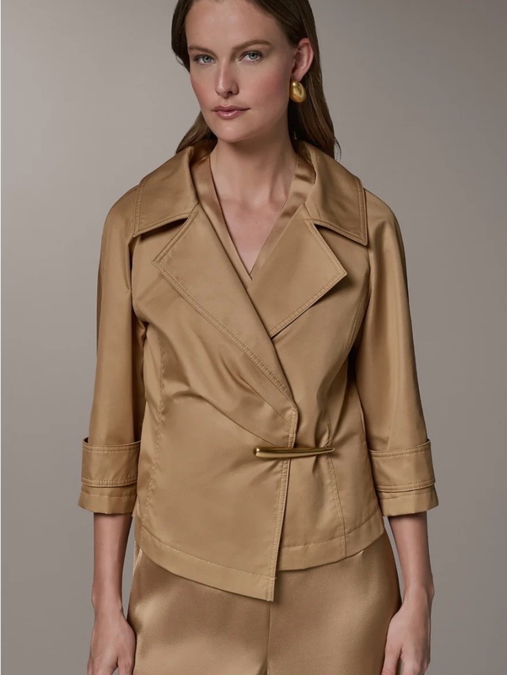 Donna Karan Camel Wrap Blazer with Gold Bar Closure
